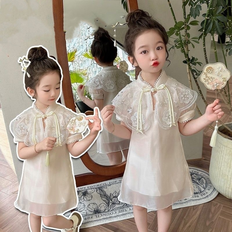 CAMBO.SHOP Gaun Anak Perempuan Premium Bordir Mutiara Bunga Kerah Mutiara Warna Putih Susu Usia 2-7 