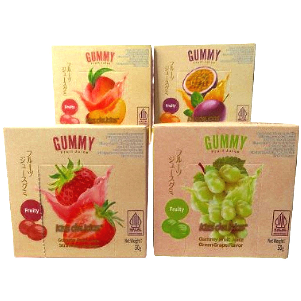 

Kiss Delicias Juicy Gummy Strawbery Peach Green Grape Passion Fruit 50g Permen Jeli Lunak Rasa Buah Anggur Strawbery Peach Markisa