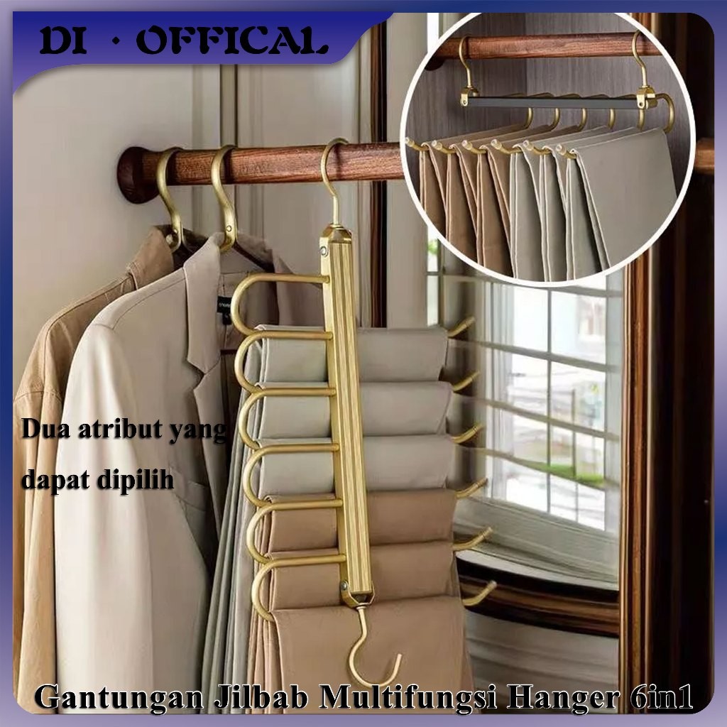 Gantungan Jilbab Multifungsi Hanger 6in1 Hanger Premium Hanger Celana Besi Aluminium Gold Rak Penyim