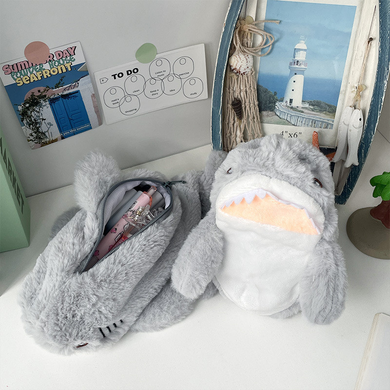 

Portable Large Capacity Cute Plush Ocean Shark Pencil Case Pencil Bag Cosmetic Bag Stationery Storage Box School Office Supplies