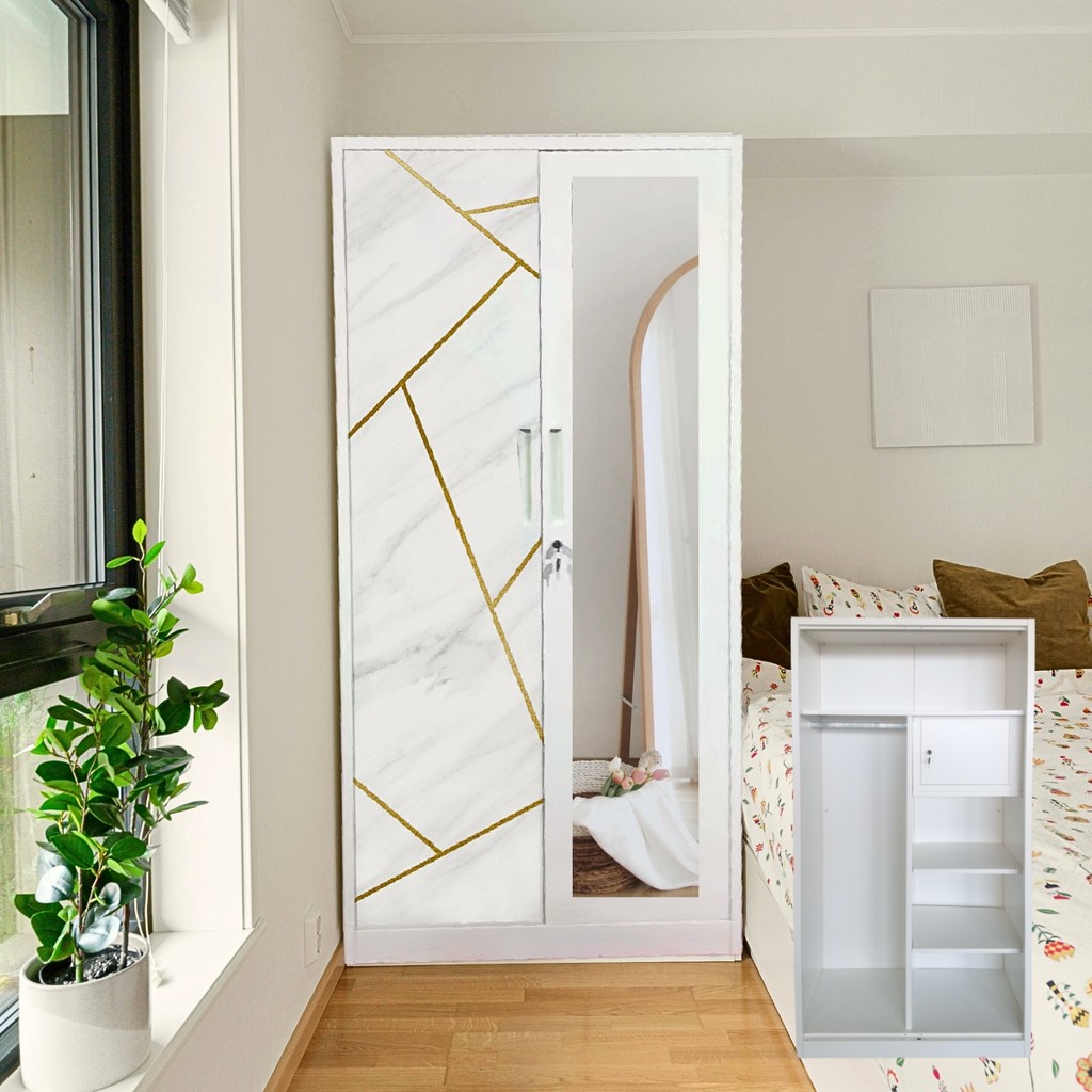 JOLEE-Lemari Pakaian Besi Lemari Pakaian Pintu ganda biasa 85cm 2 pintu 1 Hanger Cermin Minimalis