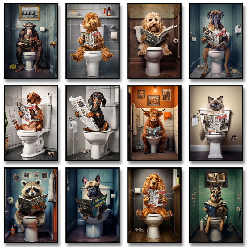 

Goldendoodle Monkey Highland Cow on The Toilet Reading Newspaper Poster Animal Print Canvas Painting Funny Bathroom Wall Decor