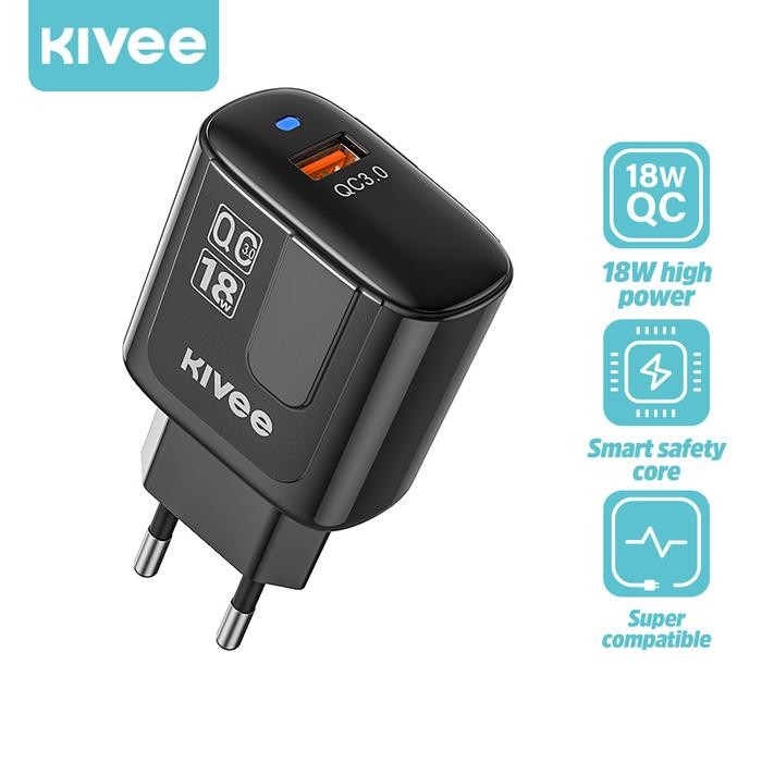 Wall charger KIVEE PD+QC3.0 18W fast charger light display 5V/3A Black Ponsel - Hitam
