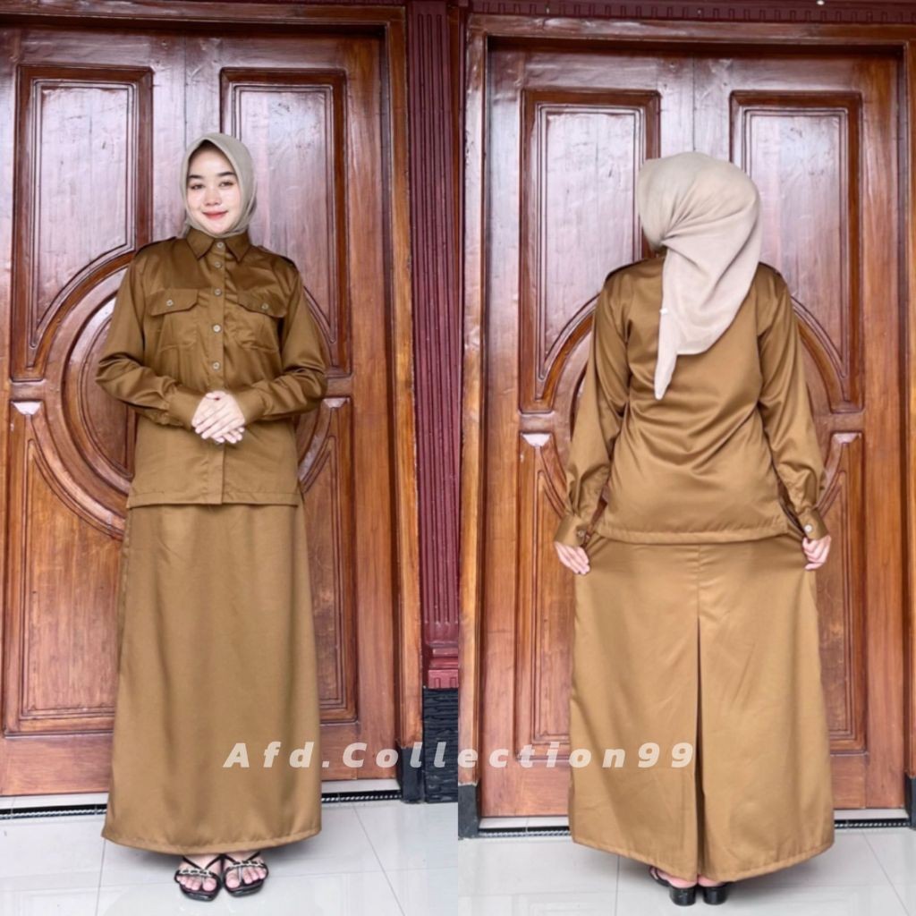 PROMO Seragam PNS setelan pemda khakki tua wanita model saku dada rok span rempel terbaru 2025
