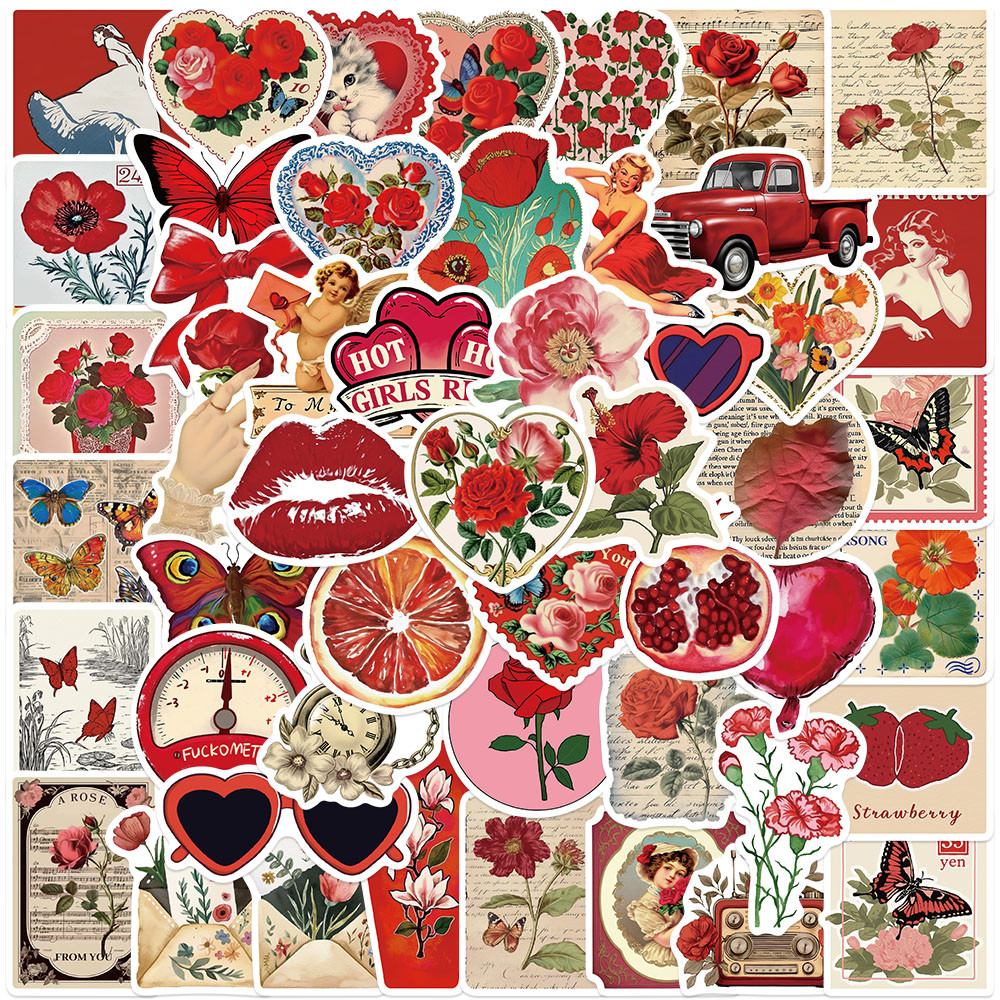 

50pcs Aesthetic Cartoon Red Rose Love Heart Stickers For Laptop Water Bottle Luggage Notebook Vinyl Decals