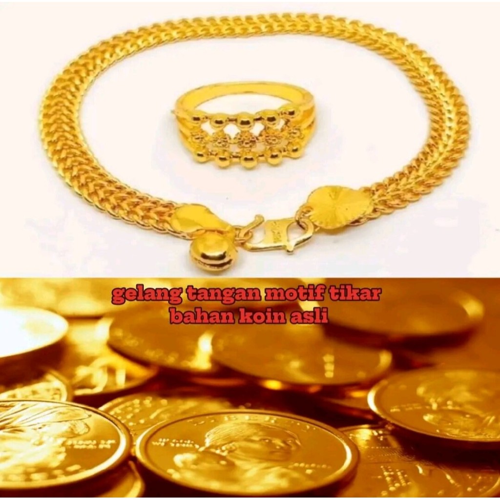 gelang tangan tikar free cincin bahan koin logam asli motif Emas