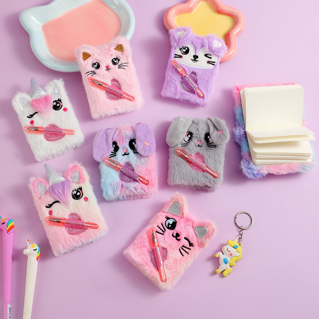 

M5 Kawaii Plush Mini Note Book With Ballpoint Pen Set Kawaii Animal Unicore Mini Journals Drawing Books School Stationery