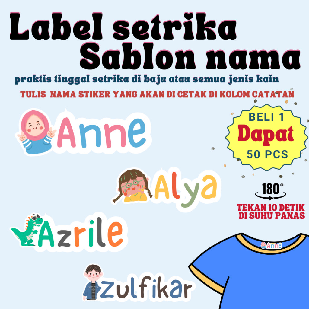

ISI 50 PCS Sticker Label nama Setrika / stiker untuk semua jenis Kain / LABEL BAJU ANAK