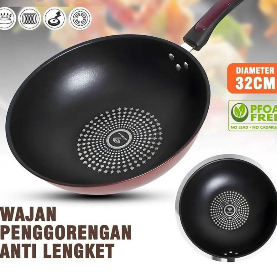 Wajan Penggorengan Anti Lengket Ukuran Diameter 32cm / Wajan Gagang Jumbo Diamond Wok pan