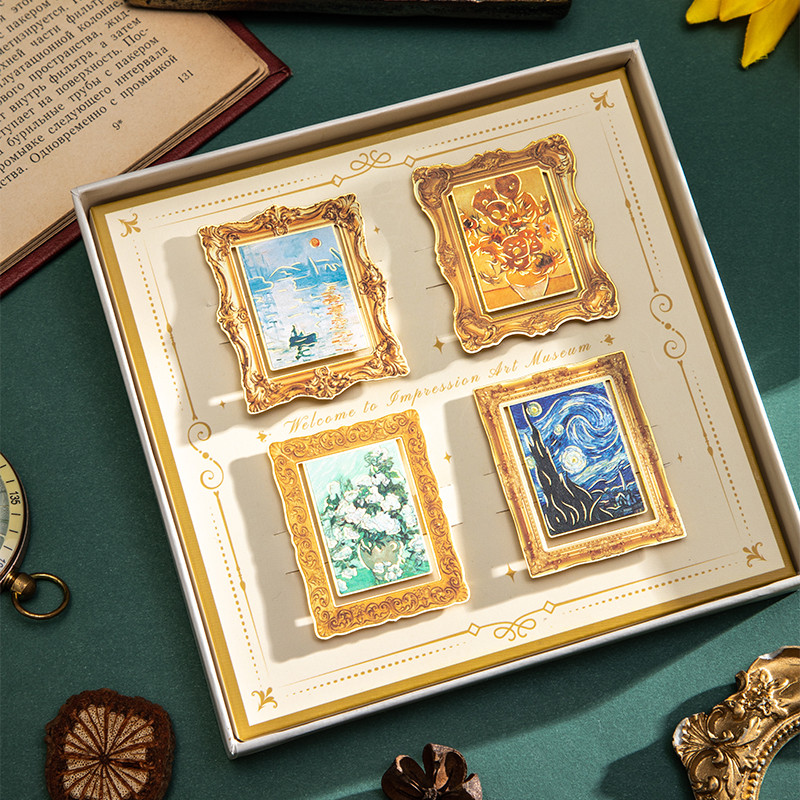 

4 pcs/set Vintage Painting Bookmark Set Bronzing Handmade Metal Clips Featuring Famous Oil Paintings Unique Literary Present