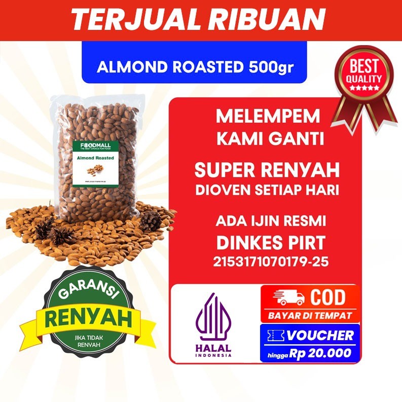 

almond roasted 500 gr / almond panggang utuh / kacang almond