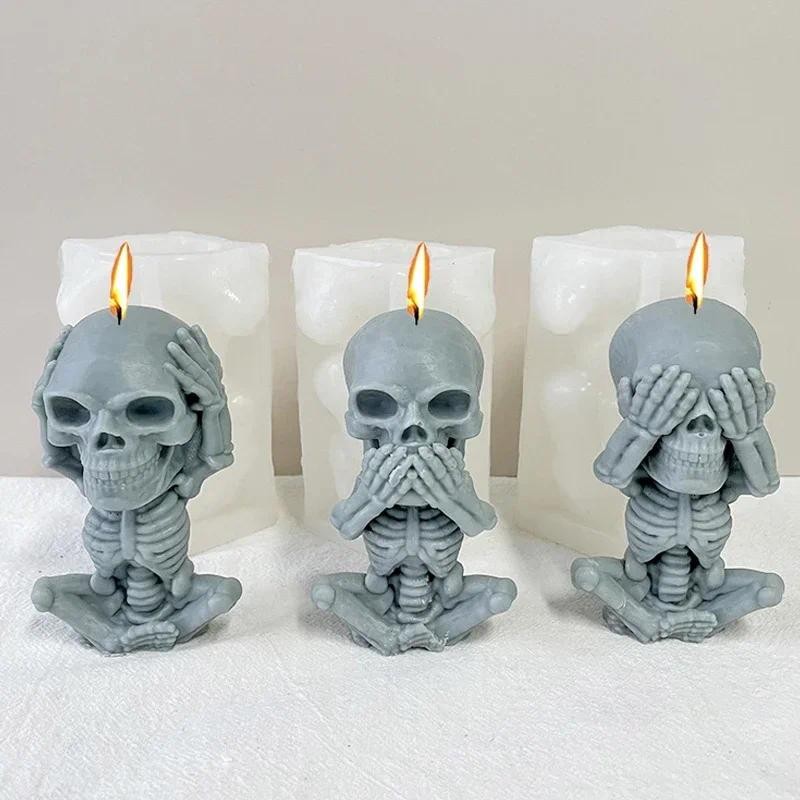 

3D seated Skull silicone Candle mold DIY handmade fun Skull crafts Plaster soap resin cement mold Halloween gift making
