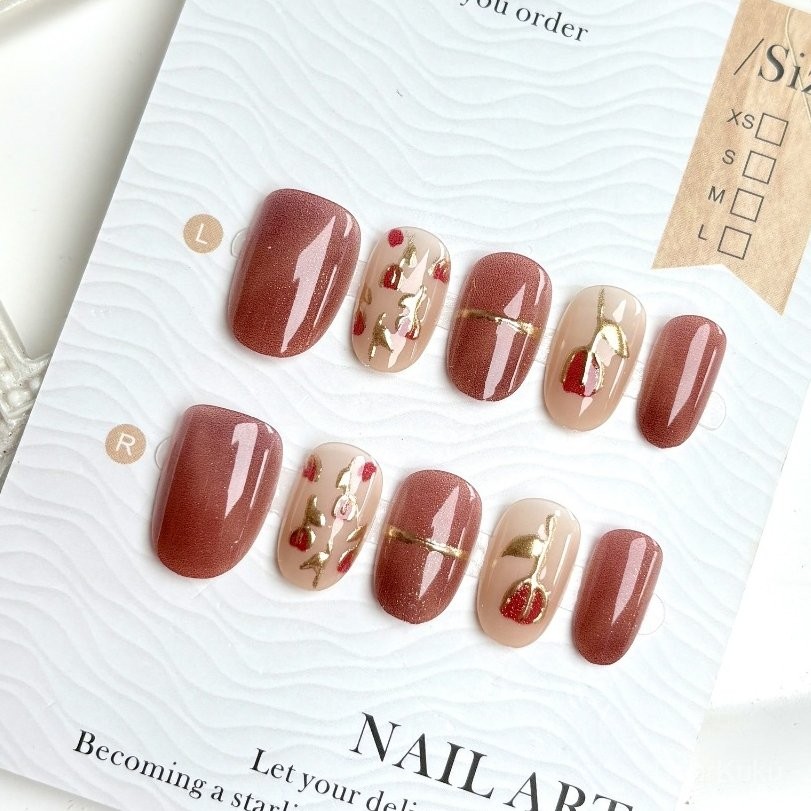 Elegan Kuku Palsu Maroon Glitter Gold Foil Aesthetic Pendek Almond Gratis Lem Fake Nails 10pcs