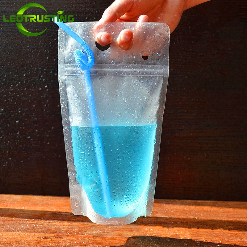 

50pcs Bags + 50pcs Straws 200ml-500ml Plastic Beverage Bag Cold Hot Drinking Fruit Juice Coffee Portable Party Wedding Pouches
