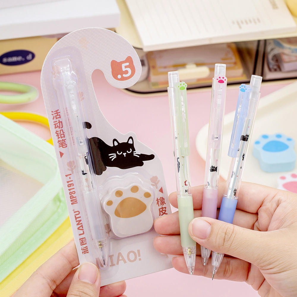 

Cute Cat Automatic Pencil With Eraser Set Cartoon Activity Pencil For Elementary School Students Back To School Stationery