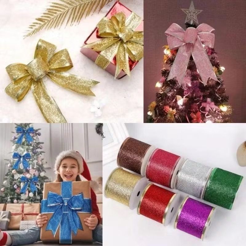 

PITA GLITTER NATAL ROLL PINGGIR KAWAT 2,7M / PITA PARCEL CHRISTMAS HIASAN LEBAR BESAR LEBAR 6,3CM dan 5CM