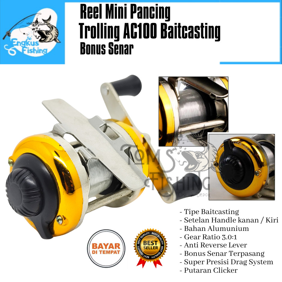 Reel Pancing BC Mini Trolling AC100 (Bonus Senar) Baitcasting Clicker Murah - Engkus Fishing