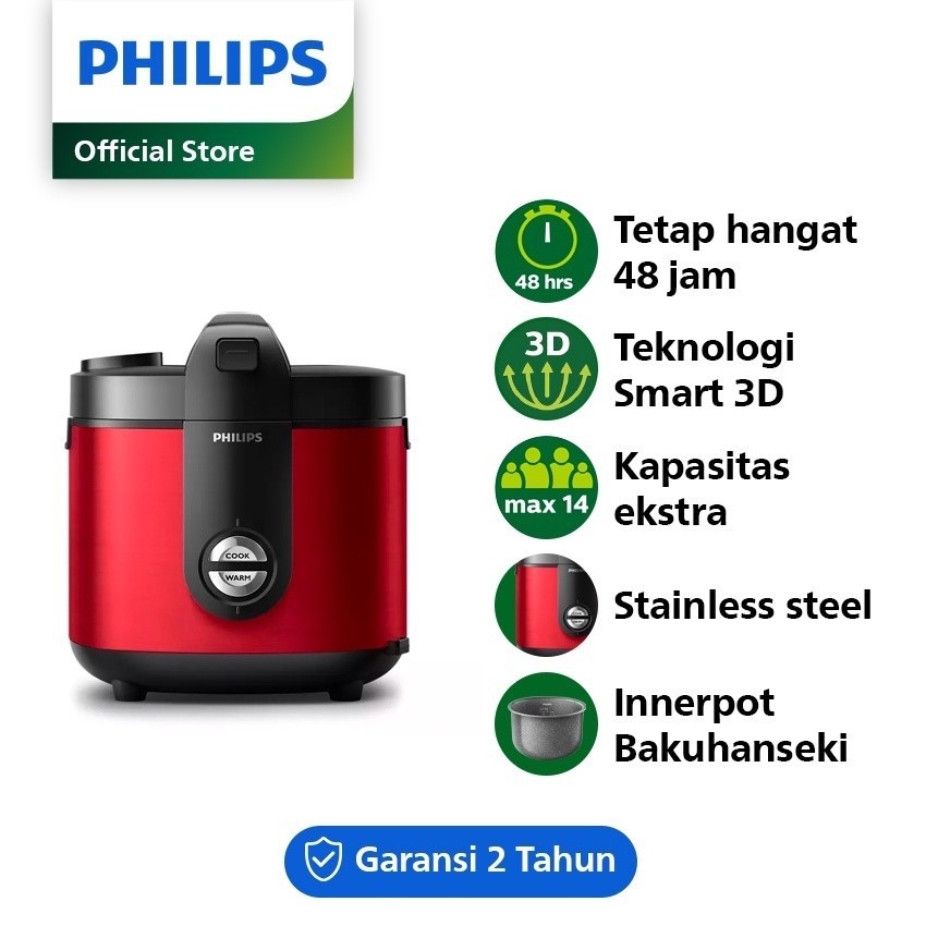 PHILIPS 2L Rice Cooker HD3138/32 - 400Watt Penanak Nasi Analog, Bakuhanseki Pot, merah, mejikom magi