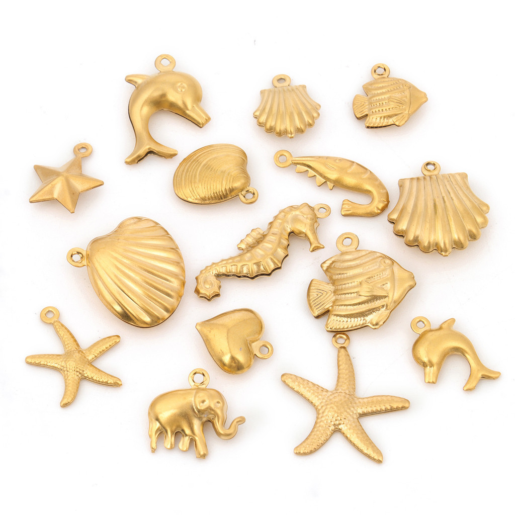 

5pcs Stainless Steel Gold Color Pendants Fish Shell Dolphin Elephant Star Shape Charms For Making Jewelry Diy Necklace