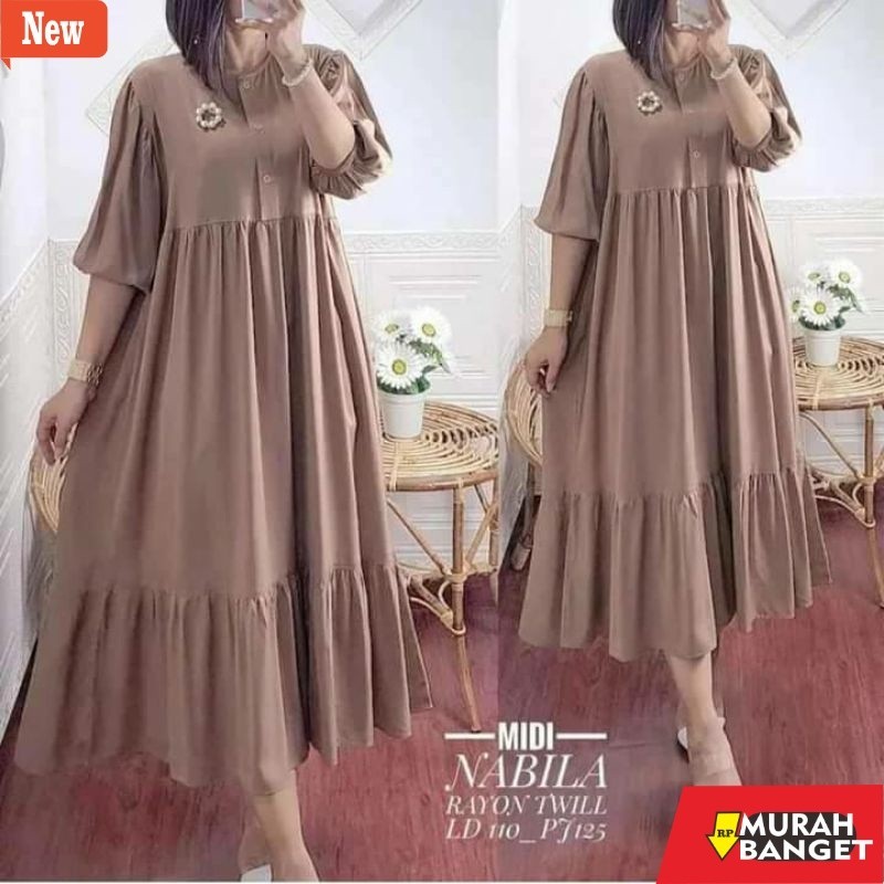 dress wanita kekinian Midi Dress Wanita Terbaru Busui Lengan Pendek Kekinian Viral polos