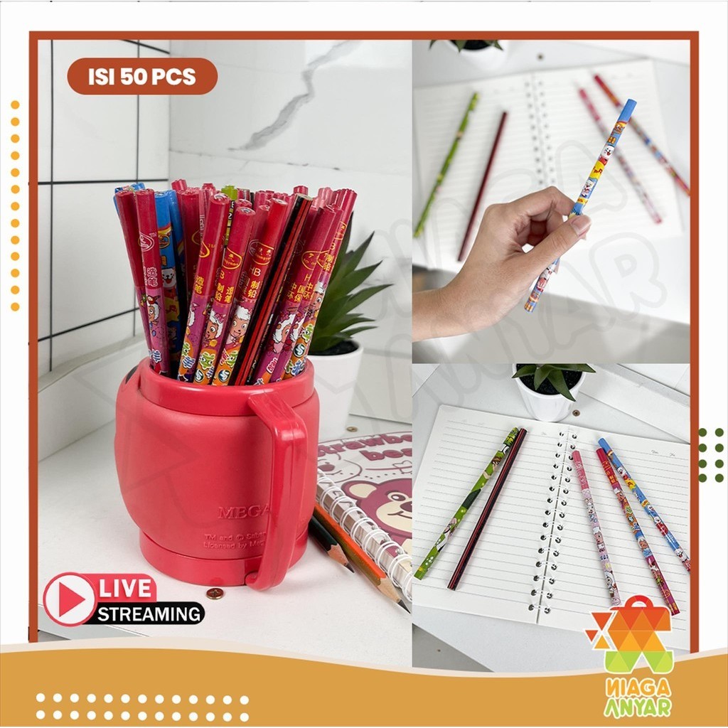 

NA Pensil HB Isi 50 Pcs / Pensil Kayu Murah 1 Pak 50 Batang / Pensil Bulat Serut Motif Kartun