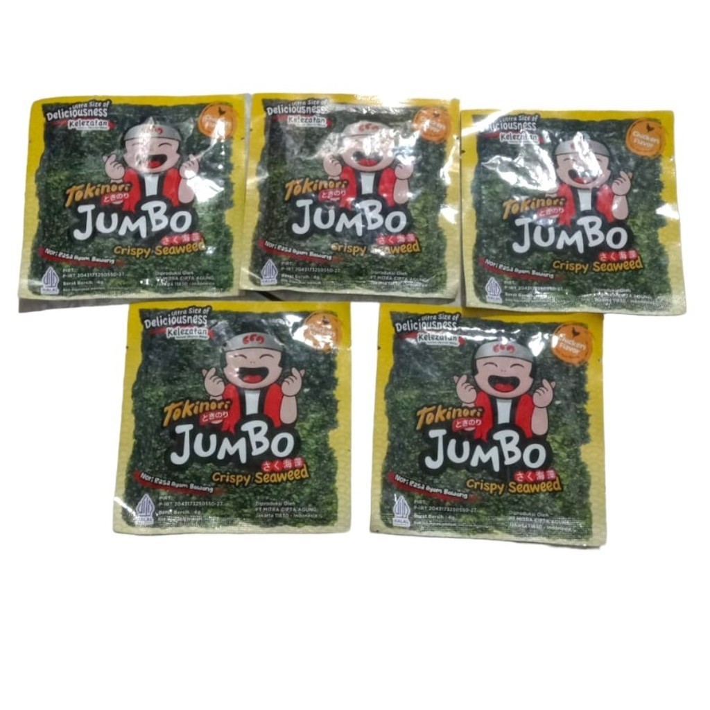 

Snack Rumput Laut Seaweed nori sheet Tokinori Jumbo crispy Ayam Bawang 5 x 4 Gram (Bundle 5 Pcs)