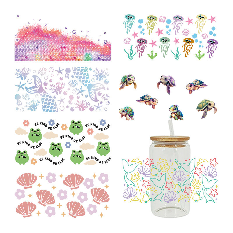 

3D UV DTF Transfers Stickers, 16oz, Cup Wraps, Animal Turtle, Jellyfish Printed for DIY Glass Ceramic Metal Leather Etc D7101