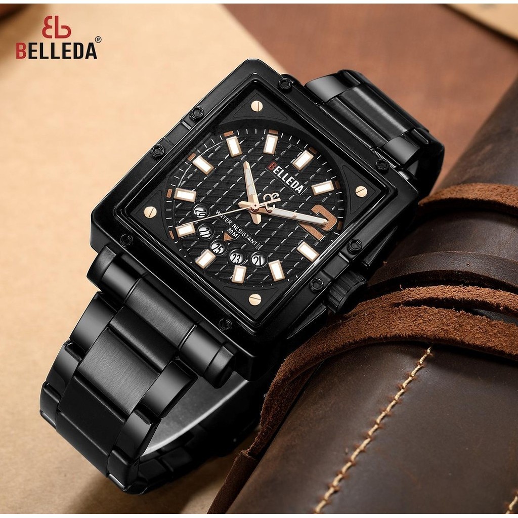 Belleda Jam Tangan Pria SN 9085 Rantai Stainless Model Segi Tanggal Aktif Anti Air Populer Original