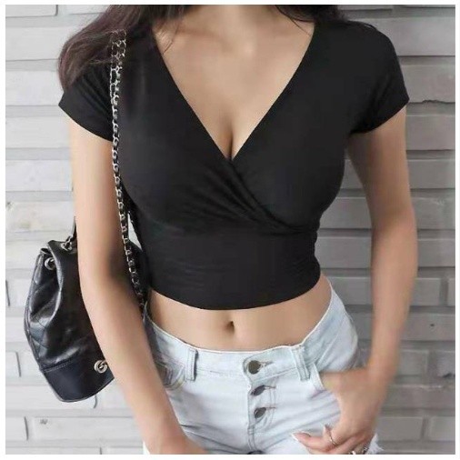 Sexy V-neck T-Shirt Crop Top Mauren Top  Kaos Wanita