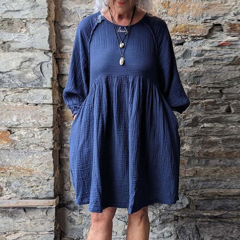 Vintage Female Hem Loose Pullover Dress Women Elegant Long Sleeve Party Dress New Autumn Solid Color