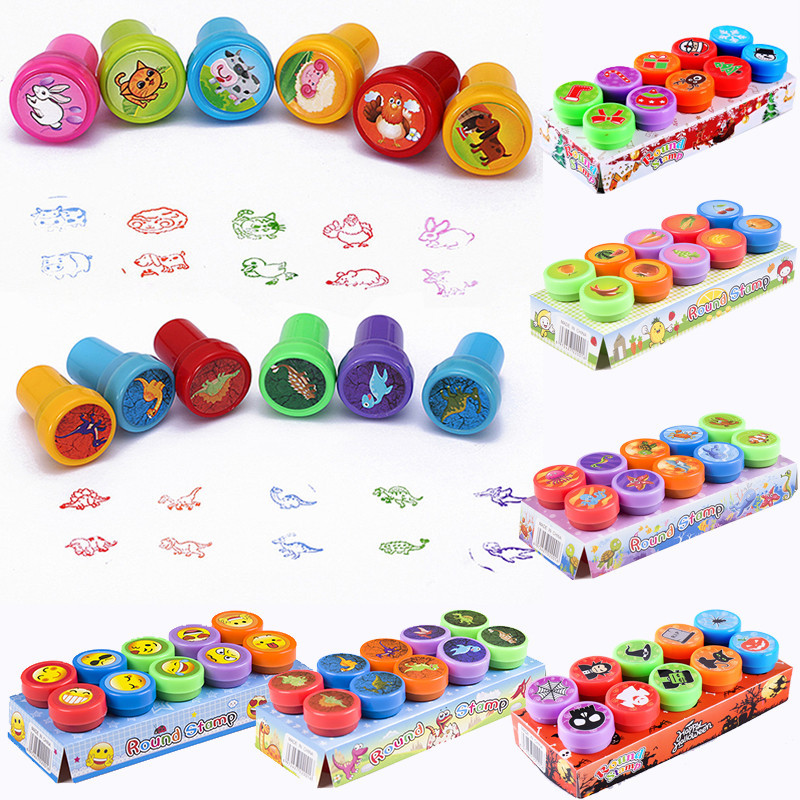 

10pcs/Set Kids Educational Toy Cartoon Animals Fruits Dinosaur Stamps Toys Baby Stamp Scrapbooking Reward For Children's Gifts