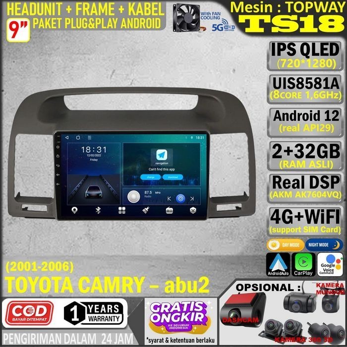 Paket Headunit Android 9 inch + Frame + Soket PNP Toyota Camry 2000 - Abu Topway TS18 UIS8581A-Octac