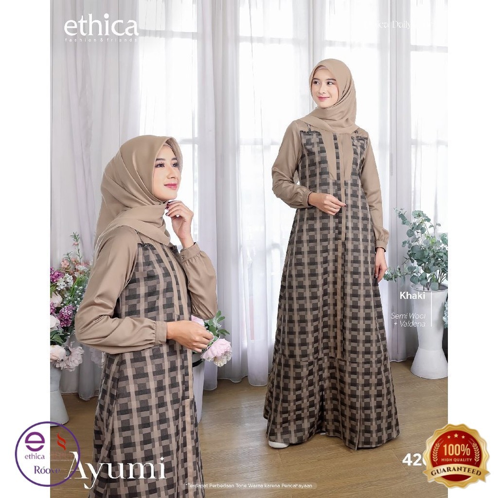 Ethica Ayumi 420 Black Khaki Brown Grey Semi Wool Valdena Gamis Kotak Kotak Terbaru Tali Pinggang