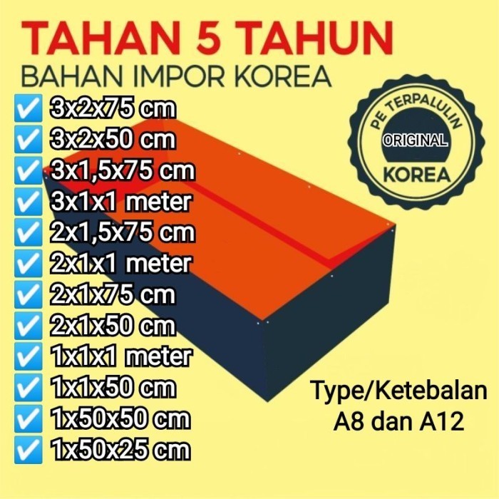 Kolam Terpal Ikan Ketebalan A5 A8 A12 Korea Terpal Kolam Ikan Kotak - 2x1x75 cm, A8