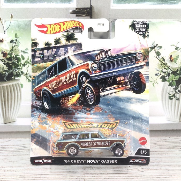 HOT WHEELS PREMIUM 64 CHEVY NOVA GASSER DRAG STRIP DEMONS BIRU DIECAST