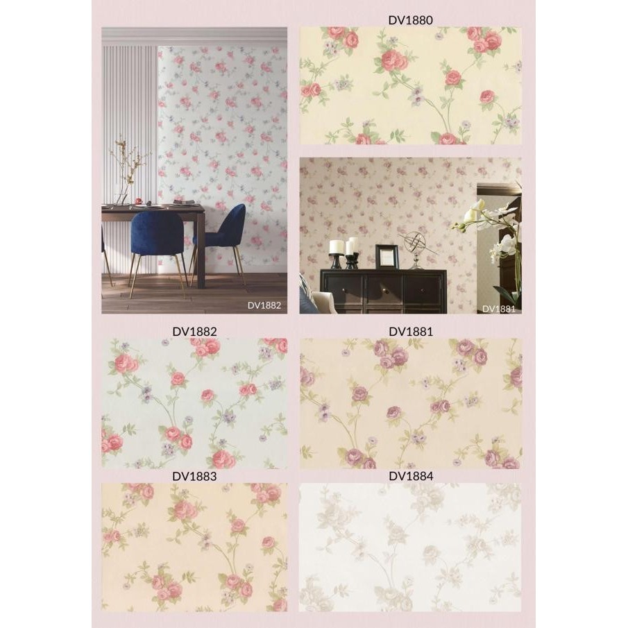 Wallpaper Dinding Bunga Shabby Chic Pink Ulir Fresh 10 meter