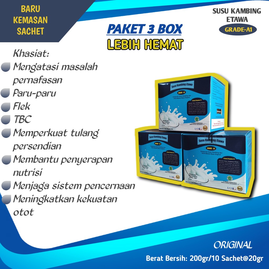 

Paket 3 box Susu Bubuk Kambing Etawa Grade A1 Original 1box isi 10 sachet