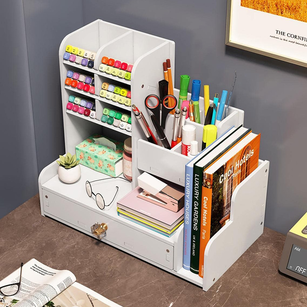 

1 white desktop marker storage box with oblique insertion pen holder, minimalist office supplies stationery box