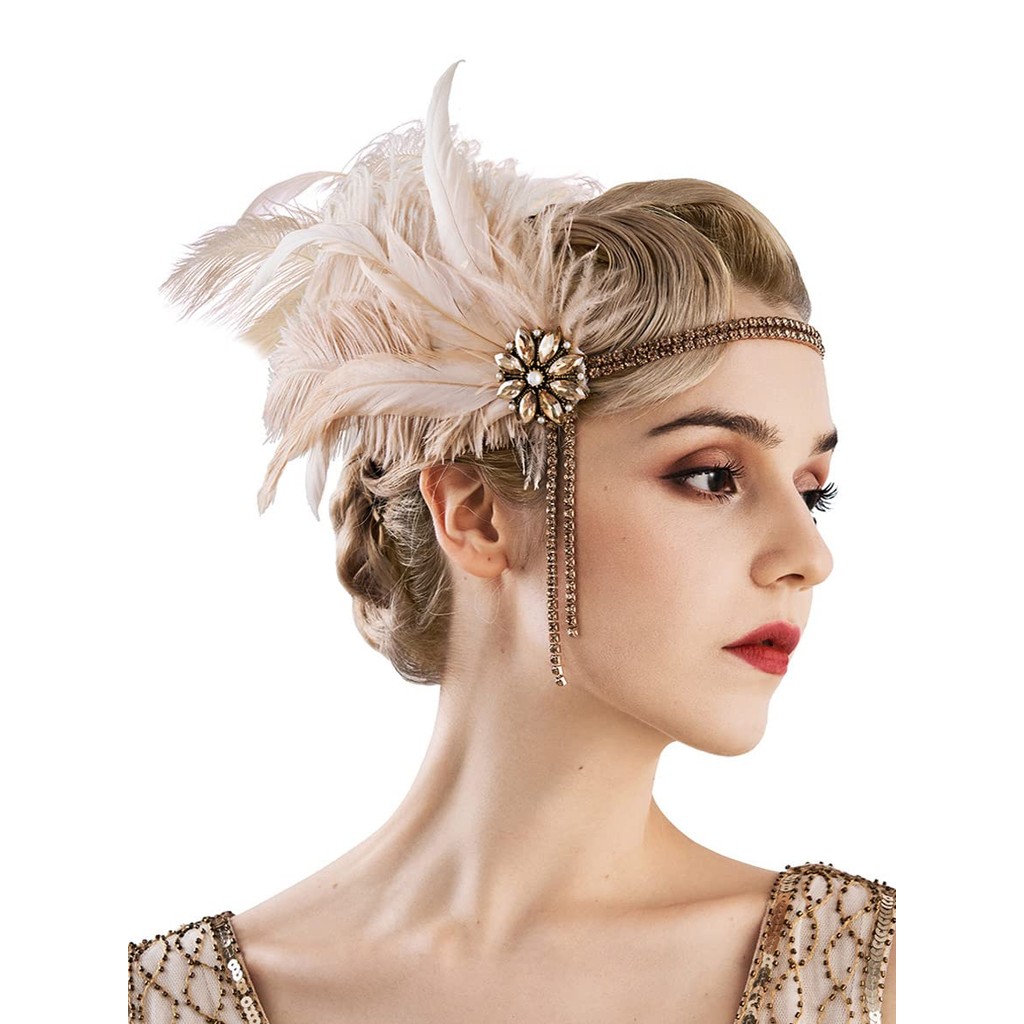 1920s Headpiece Flapper Headband, Rhinestone Pearl Feather Hair Band Great Gatsby Headpiece Accessor