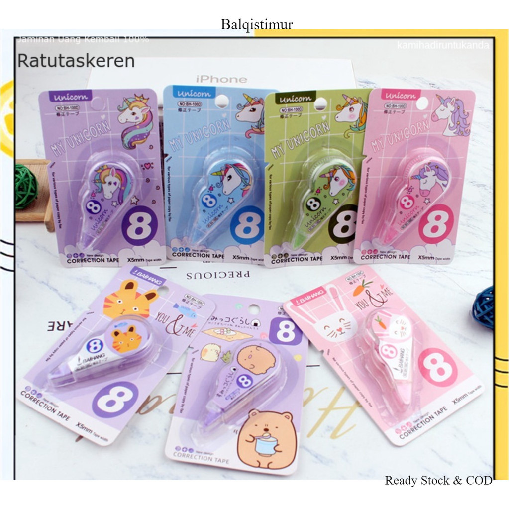

CORRECTION TAPE 8 METER STUDENTS STATIONARY SCHOOL SUPPLIES MULTIPLE COLOR 8M KARAKTER LUCU UNICORN PENGHAPUS PENA ROLL KERTAS MINI KEREN