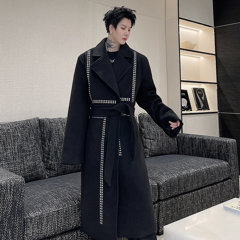 Winter dark rivet wool coat men in long loose lacing trench coat senior sense coat tide