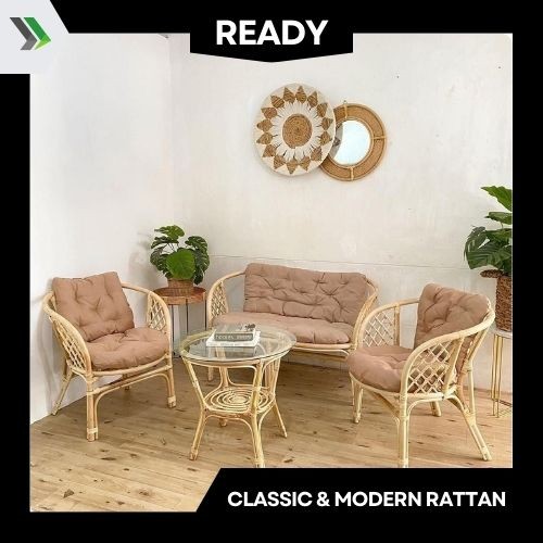 KURSI BAHAMA ROTAN ALAMI 1 SET + BANTAL MEJA PAKE ANYAM/ MEJA KACA / SOFA KURSI ROTAN ASLI MINIMALIS