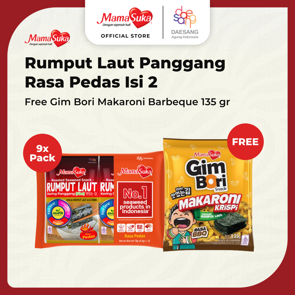 

MamaSuka - Rumput Laut Panggang Pedas Isi 2 Free Gim Bori Makaroni Barbeque 135 gr