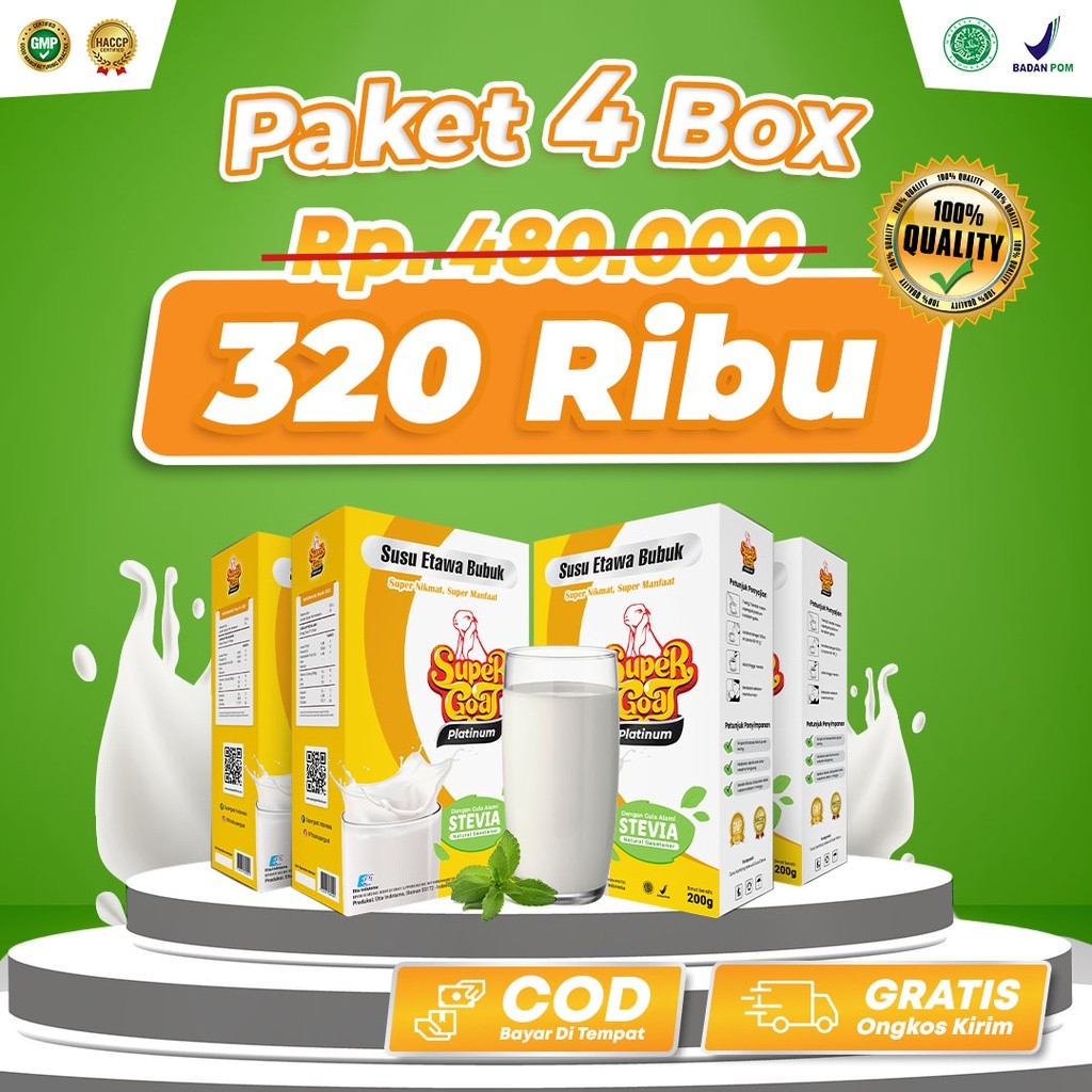 

SUPERGOAT PLATINUM Stevia Asli Susu Bubuk Kambing Etawa Atasi Diabetes Melitus 4 Box