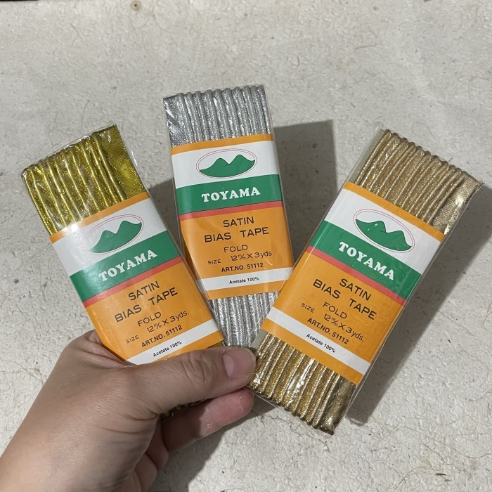 Bisban Isi Satin Bias Tape Gold/Silver Toyama 12mmx3yard (1 buah)