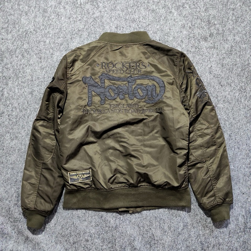 JACKET BOMBER MILITARY NORTON MOTORCYCLES BIG LOGO BIG SPELL OUT VINTAGE THRIFT/SECOND