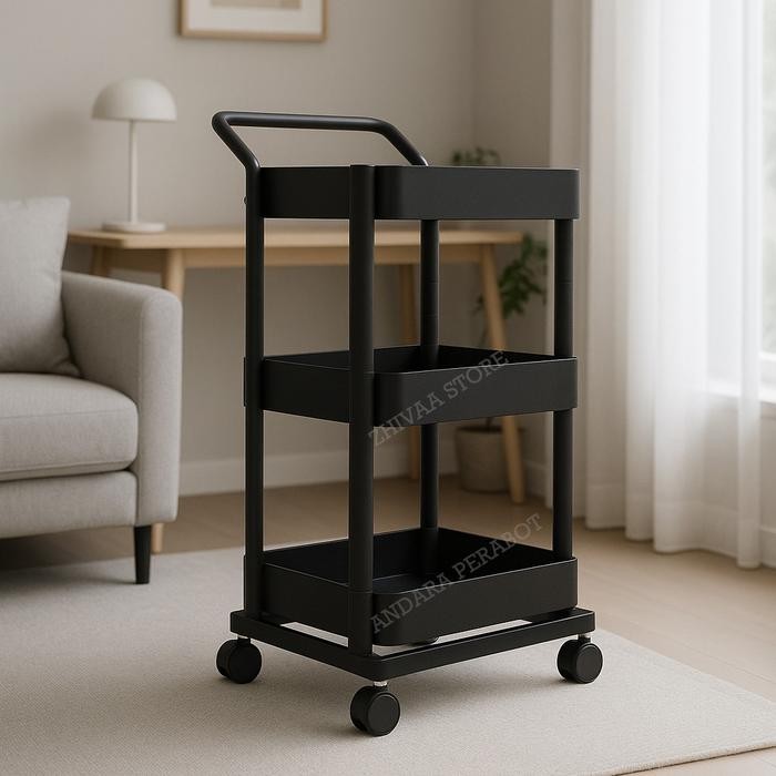 Rak Troli Roda 3 Susun Rak Kamar Tidur Rak Dorong Trolley Baju Bayi - Hitam