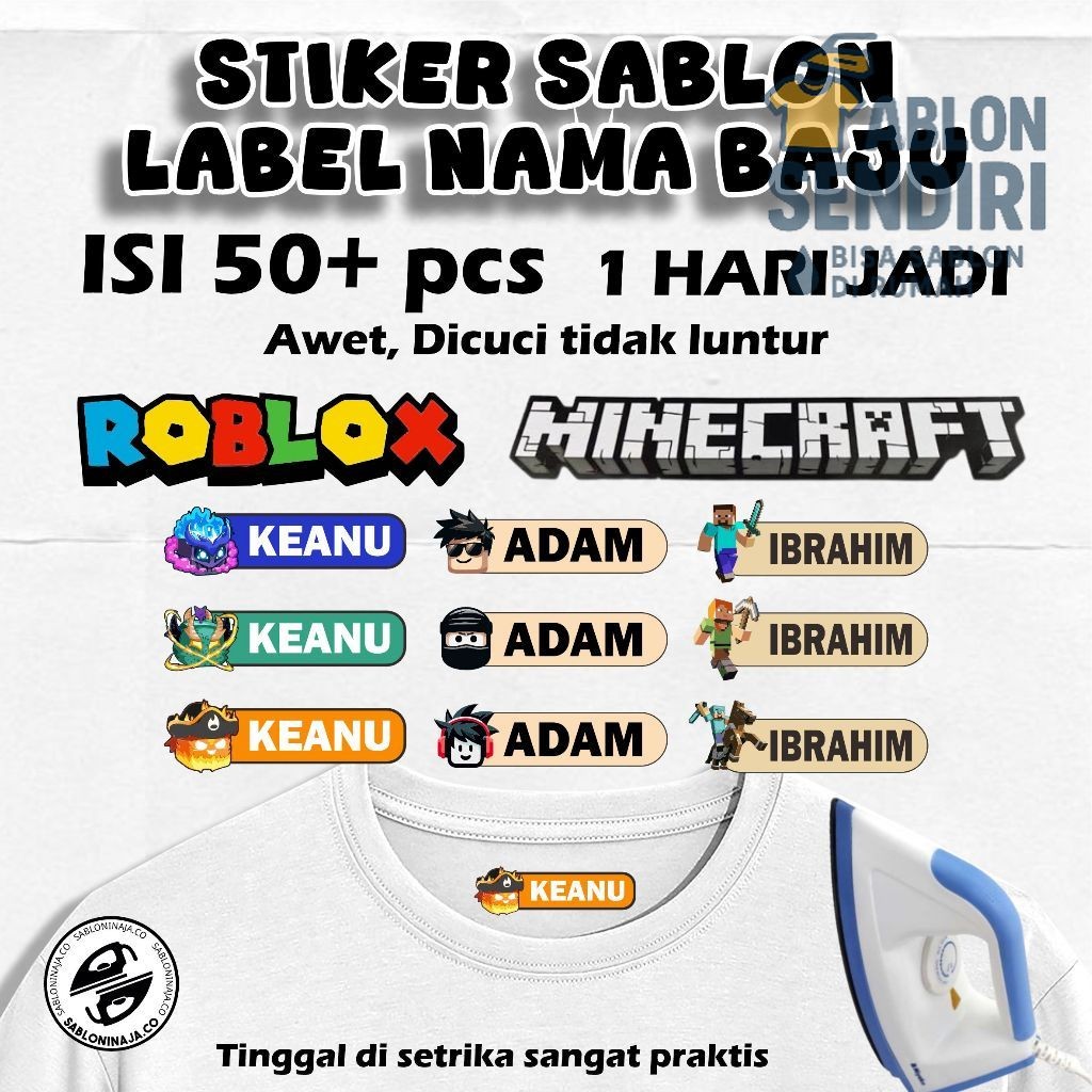 

Sehari Jadi! Stiker Sablon Label Nama Baju Stiker Custom Nama Label Printing Kain / Kaos Sablon Setrika Tema Roblox Minecraft Blox Fruits Gratis Custom Nama Isi 50+ lebih, Praktis Tinggal Setrika