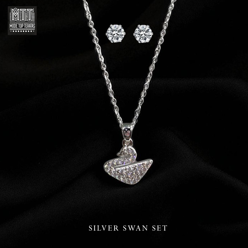 Set Kalung dan Anting Liontin Angsa Perak Bahan Titanium untuk Remaja Wanita Hadiah