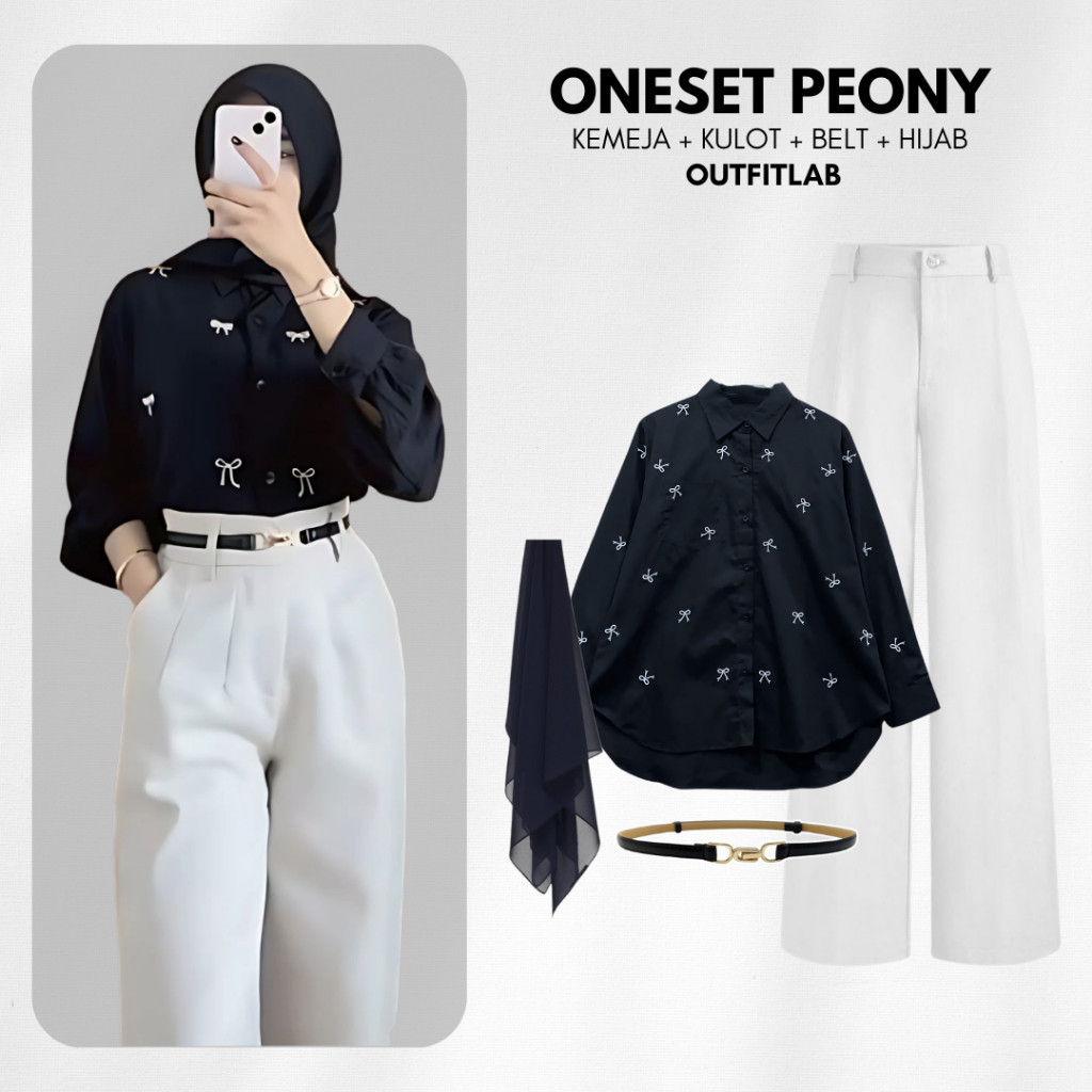 Outfit Set Peony ( Kemeja Pita + Kulot + Hijab + Belt ) Setelan One Set OOTD Hijab Wanita Kekinian